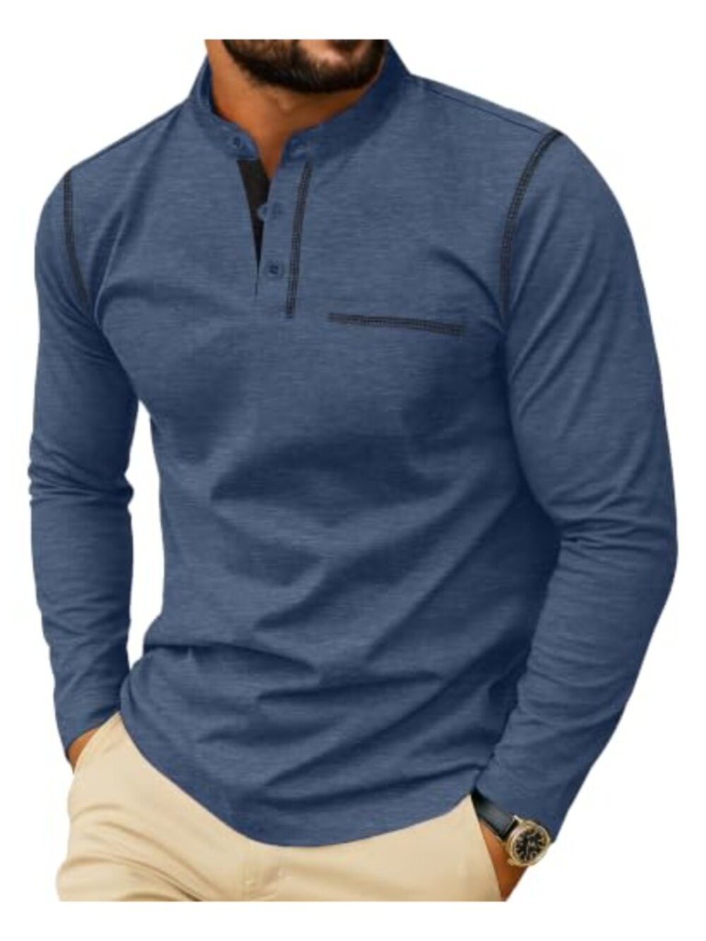 Men's Long Sleeve Henley Shirt Cotton Pullover Button Tee with Pocket